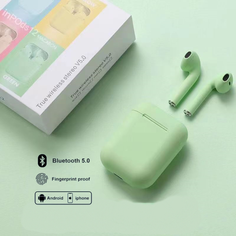 HEADSET BLUETOOTH INPODS WIRELESS i12 MACARON EARPHONE TWS BLUETOOTH 5.0 WARNA MACARON-Hijau
