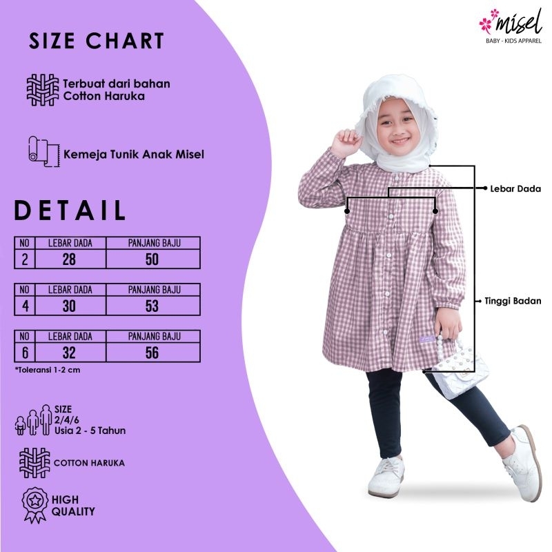 Baju Kemeja Tunik Anak Perempuan Cewek  Misel Usia 2 3 4 5 Tahun