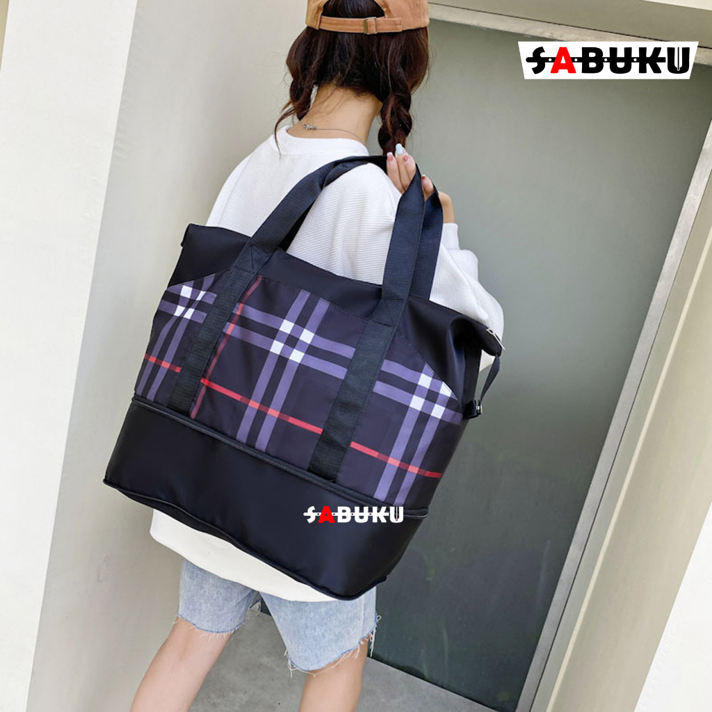 [S&amp;K] Travel Bag Waterproof Motif Kombinasi Kotak Duffel Bag Tas Travel Portable Gym - SK1009