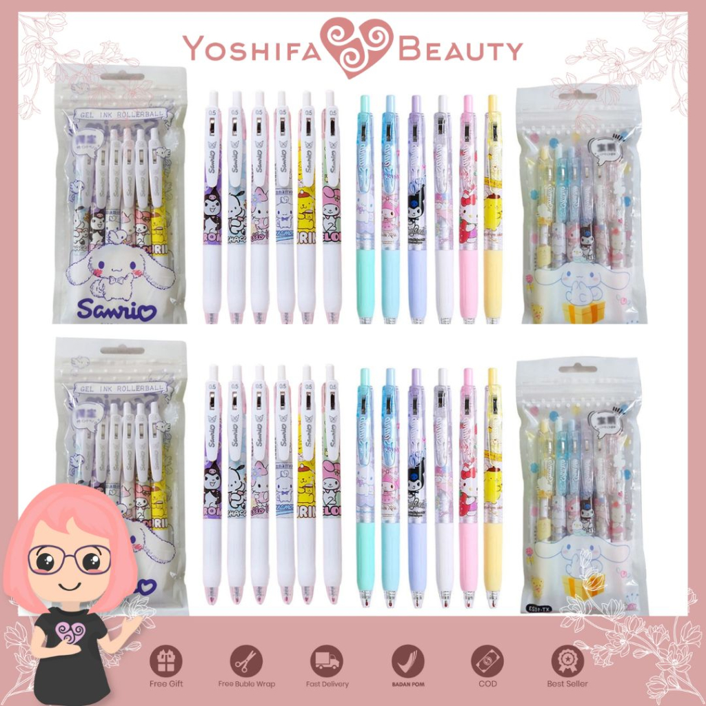 Pulpen Karakter Sanrio Kuromi, Pompurin, Melody Cinnamoroll Set Isi 6 | Pulpen Lucu Imut Isi 6