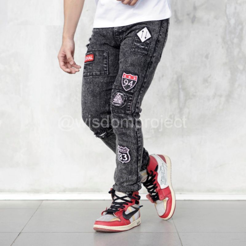 Embrodery Wisdom - Denim Pants Slimfit Full Patch Bordir Strech - Celana Jeans Biker Bordir - premium