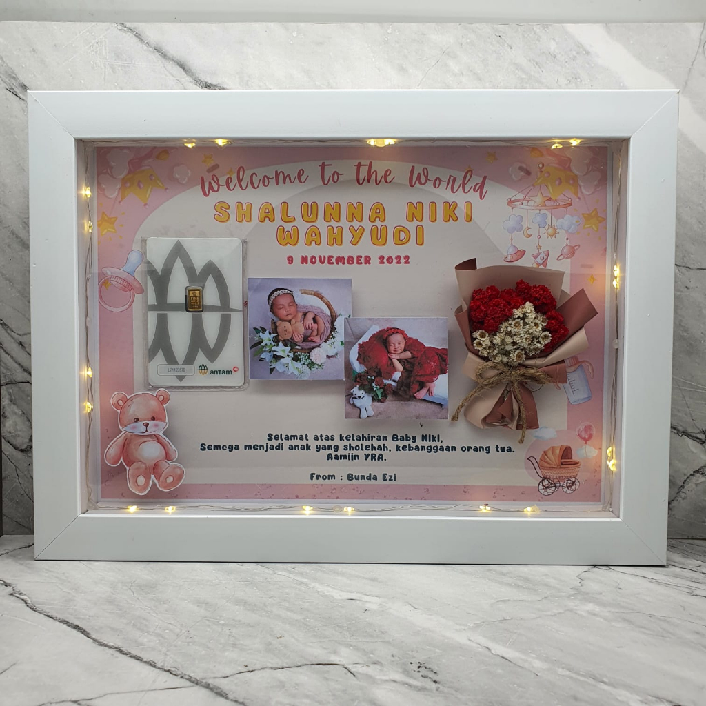 (UKURAN L 30x20) HAMPERS Gift CUSTOM Bingkai FRAME Mahar 3D Minigold  (TIDAK TERMASUK EMAS) / Hadiah / Kado Mahar variasi Minigold / Design Frame Birthday Wedding Newborn Baby Graduation