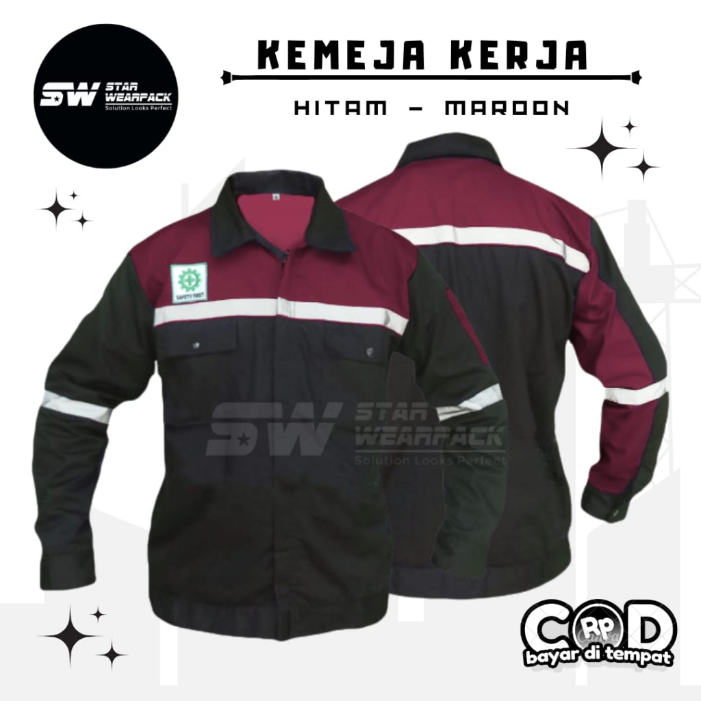 Star Wearpack - Baju Seragam Proyek Lengan Panjang Warna  Hitam Kombinasi Maroon Lengan Panjang Include K3 &amp; Bendera