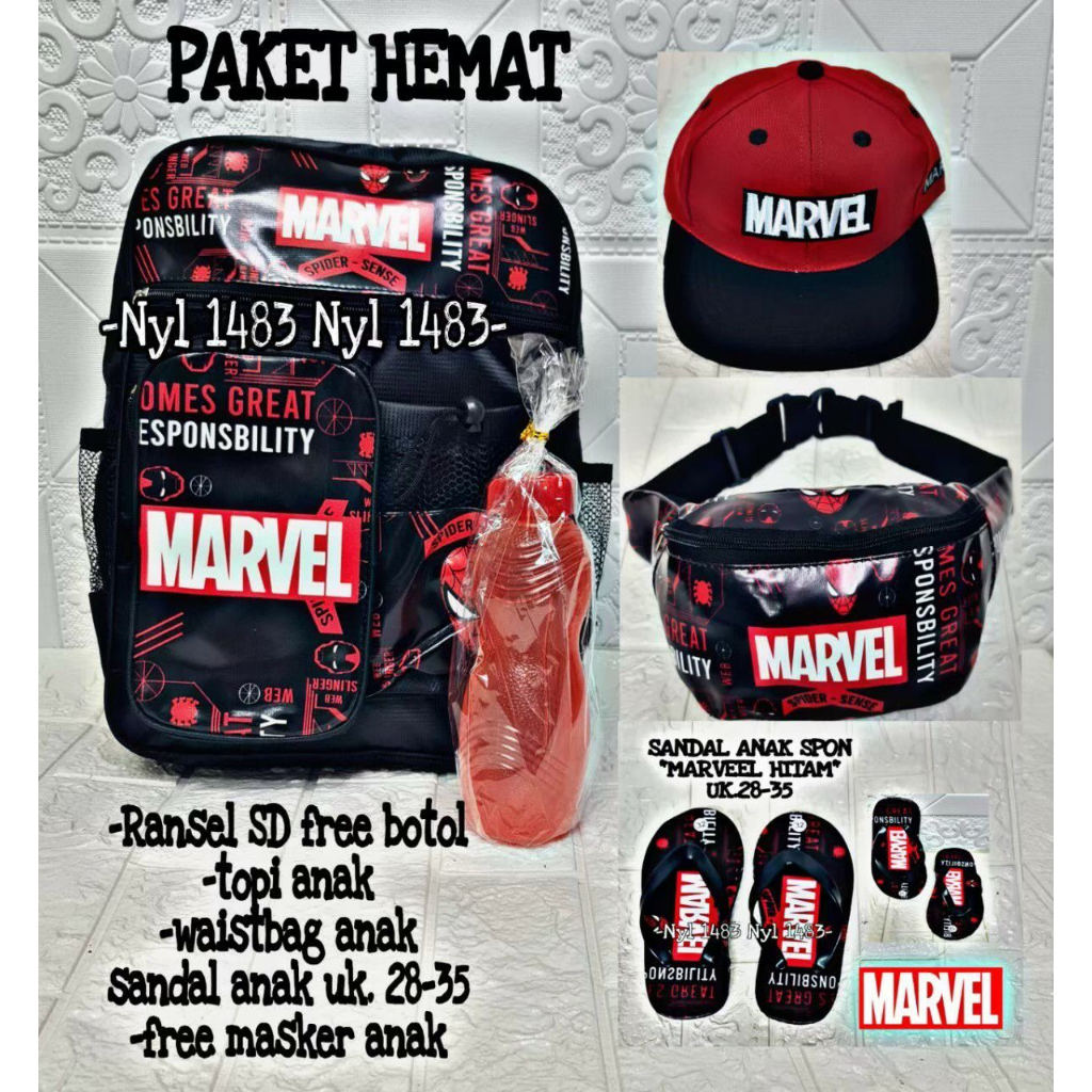 (BISA COD) PAKET 3 IN1 WaistBag Anak Laki Laki Motif Superhero Batman+Topi Anak+jam tangan karakter Fashion ransel 3in1 motif polka /fashion backpack wanita murah