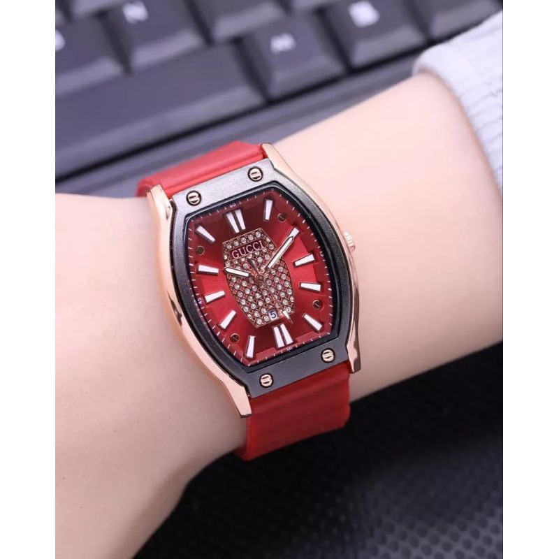 (Cod)Jam Tangan Wanita Gucco Oval Mata&quot; Belian Tanggal Aktif Strap Karet/Rubber(Dikirim Jakarta)