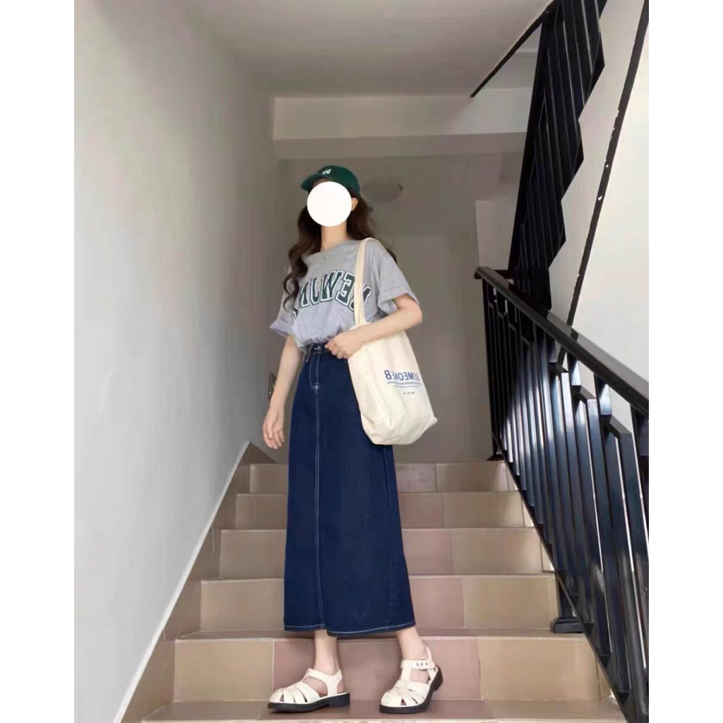 Rok Denim Split Gaya Korea Rok A-Line Wanita Berpinggang Tinggi Sedang Untuk Menutupi Rok Pinggul Selangkangan