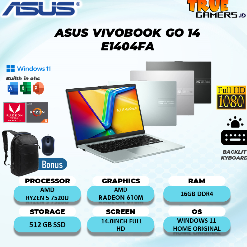 Laptop Asus Vivobook GO 14 E1404FA Ryzen 5 7520U 16GB 512SSD RADEON 610M Win11 free OHS 14.0FHD