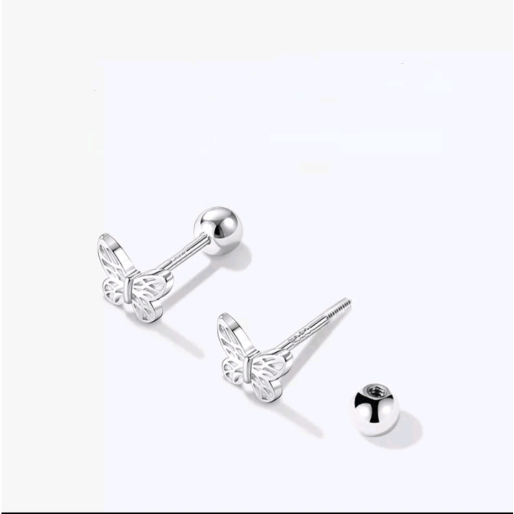 1 Pcs Korea Perak One-head Round Ball Butterfly Stud Earrings Untuk Wanita Perempuan Chic Tindik Tulang Rawan Sekrup/Anting stud kupu-kupu/ Earrings helix buterfly