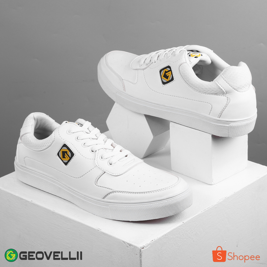 GEOVELLI STORE | Sepatu Cowok Sepatu Sneakers Pria Model Sepatu Sport Casual Bahan Kulit PU Putih