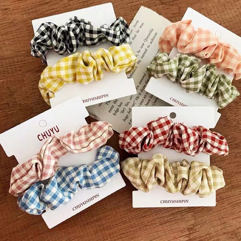 EryoneStore Ikat Rambut SCRUNCHIE Korea Motif KOTAK/ Kunciran Rambut Model Korean / Ikat Rambut Cepol Korea