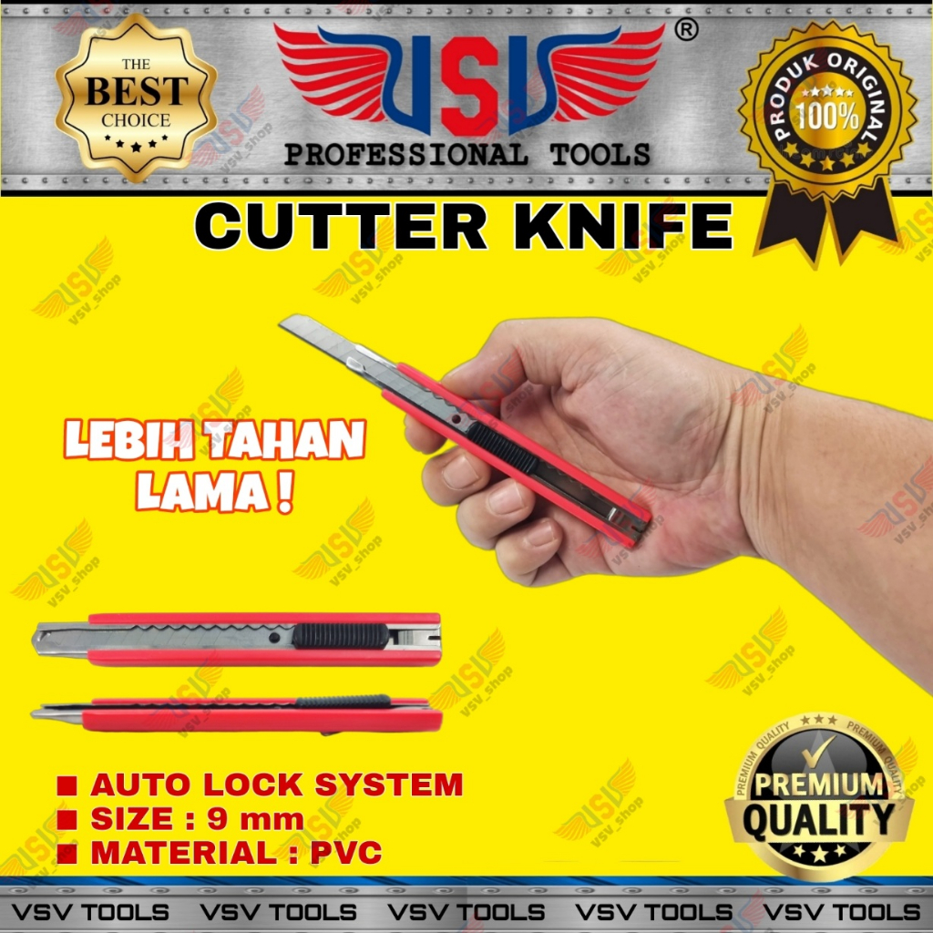 VSV Pisau Cutter Kecil 9mm Cutter Knife Auto-Lock PVC HS-04