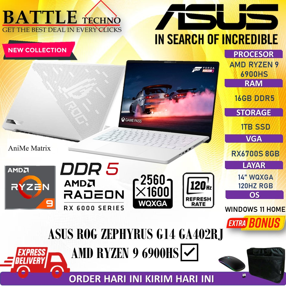 LAPTOP GAMING ASUS ROG ZEPHYRUS G14 GA402RJ RYZEN 9 6900HS 16GB DDR5 1TB SSD RX6700S 8GB WQXGA ANIMATRIX RGB 120HZ WIN11 HOME