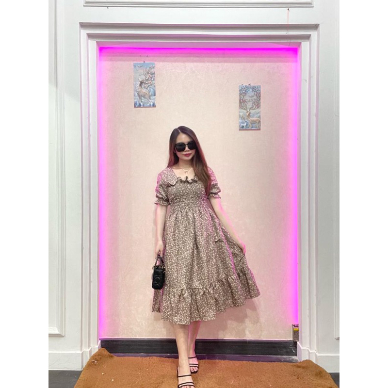 RD FASHION - SMOCKED DRESS / Gaun musim panas kasual baru Lengan pendek smocked dress lipit bunga dengan dasi belakang / gaun kasual A-line gaun smocked berlipat bunga lengan pendek-MOTIF MIRSANA COKLAT