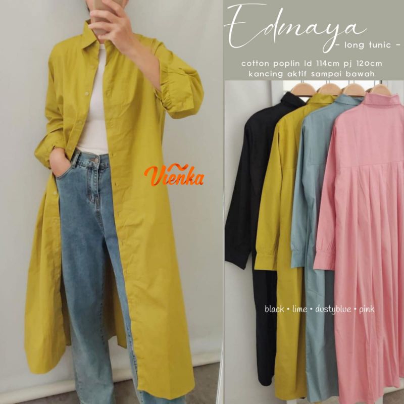 Edmaya Long Tunik Vienka Midi Dress Polos Cotton Poplin Ld 114 [ READY COD ]