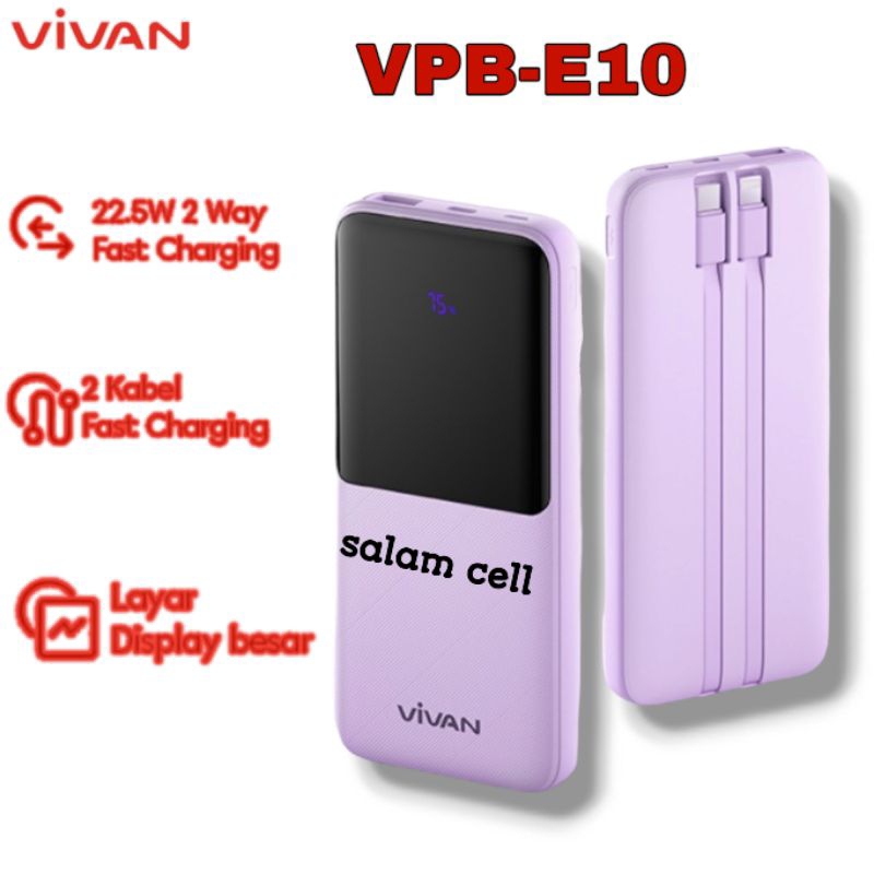 Powerbank VIVAN VPB-E10 10000mAh Fast Charger 2kabel Lightning &amp; Type-C Original