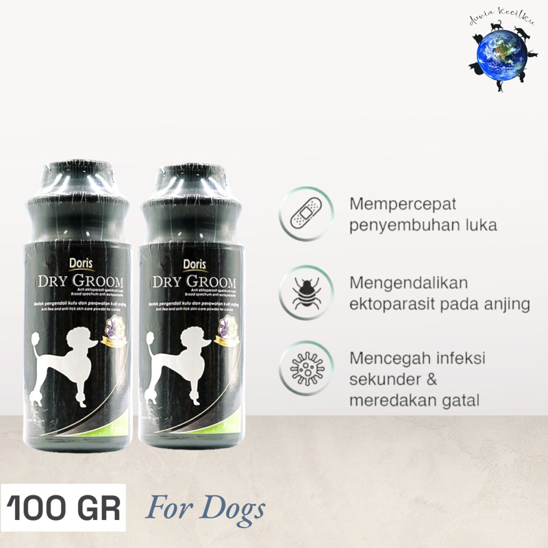 Doris Dry Groom Bedak Grooming Anjing Untuk Kutu / Anti Gatal / Infeksi / Luka (100 gr)