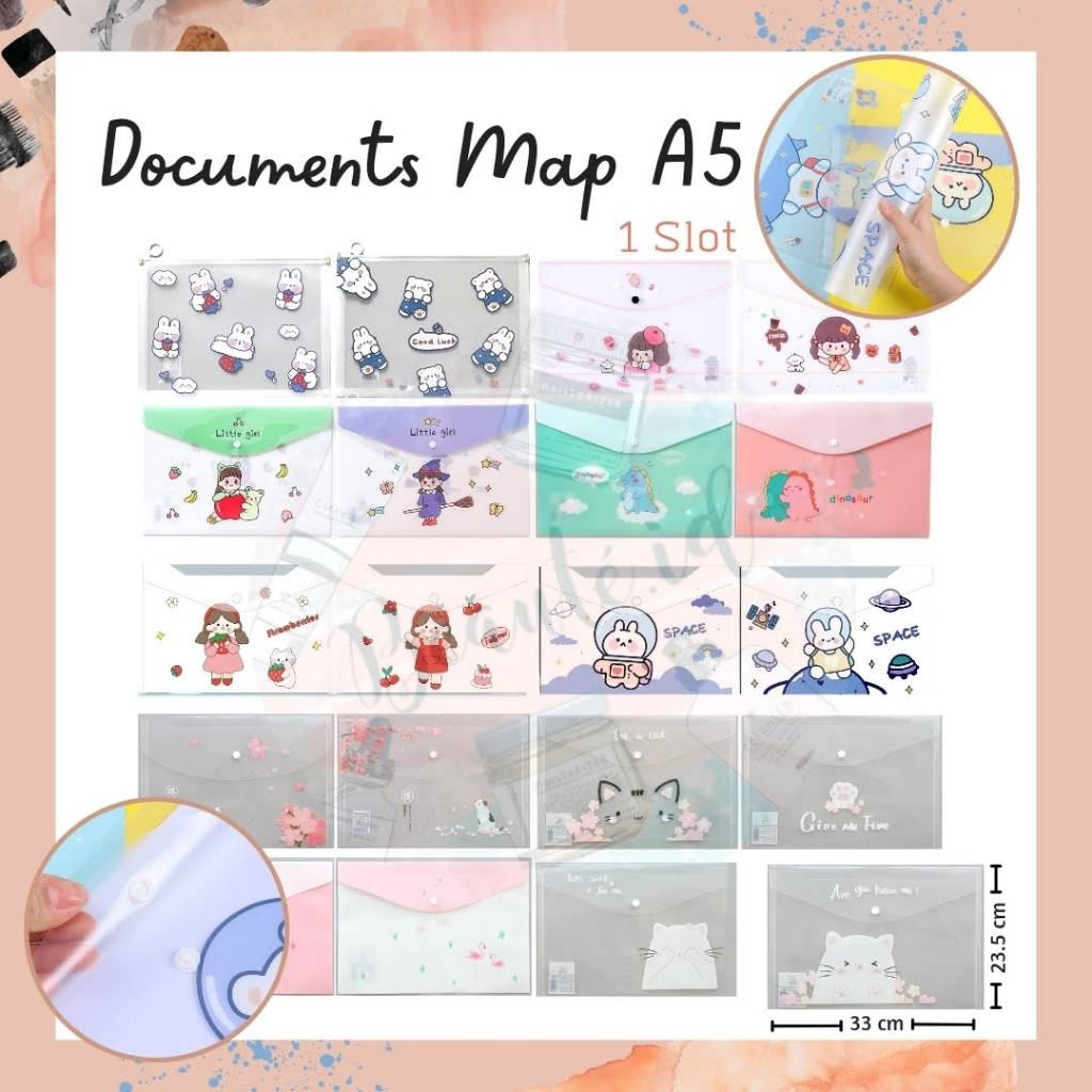 [1 PCS] Buku Map 1 Lapis Penyimpanan File Dokumen A4 Folder Organizer Kertas Model Lucu / Simple Untuk Anak Sekolah Mahasiswa Kuliah Kerja Kantor Bahan Plastik PP Hard Cover Anti Air Waterproof 1-Layer File Bag Folder Portable