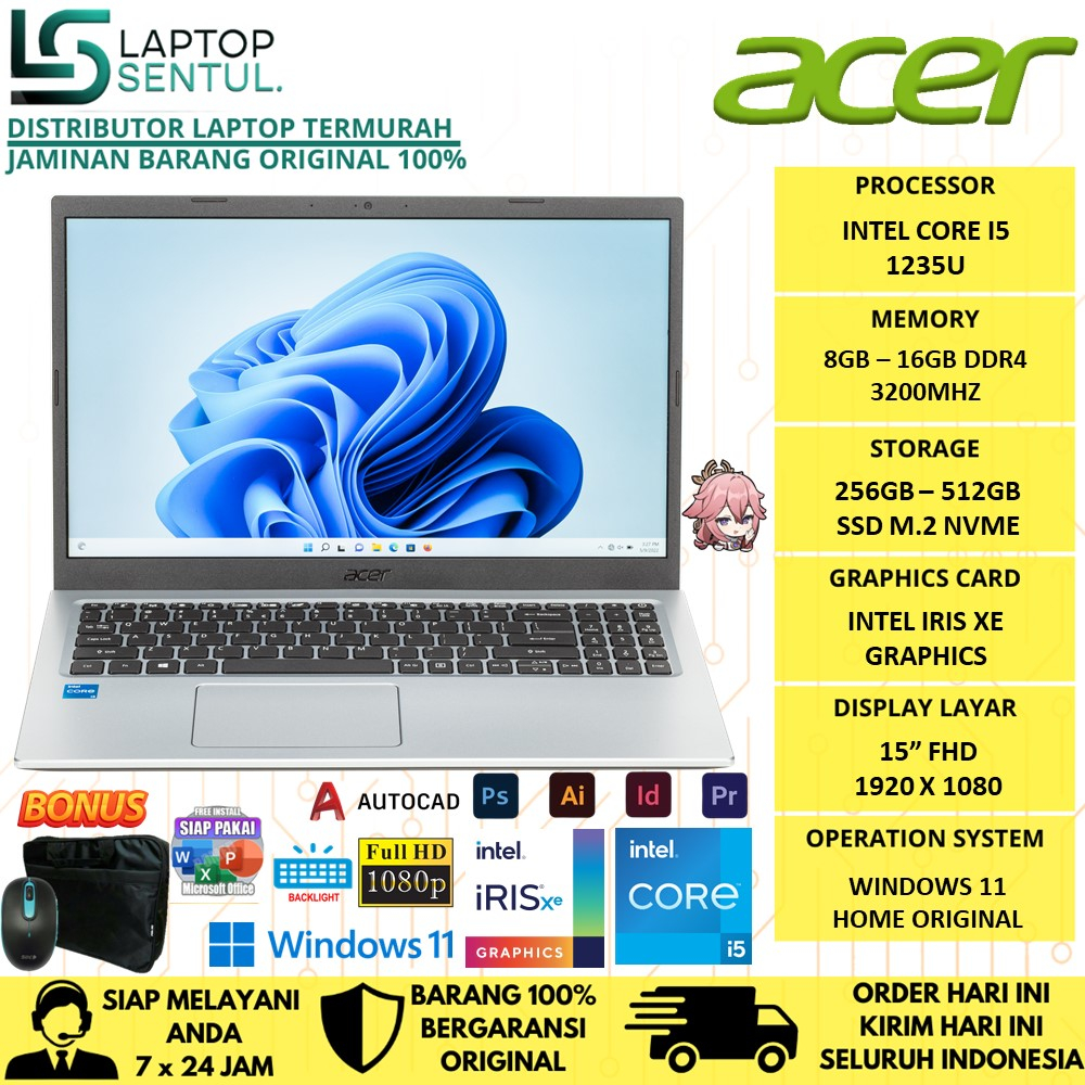 LAPTOP SLIM ACER ASPIRE 3 A315 INTEL I5 1235U RAM 16GB SSD 512GB FHD IRIS XE WINDOWS 11 HOME ORIGINAL