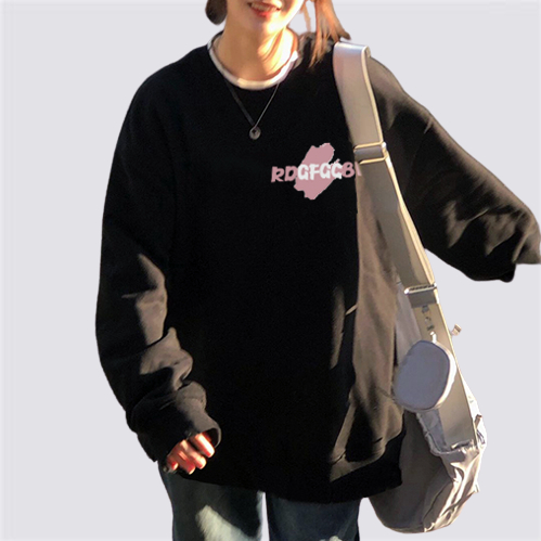 XiaoZhaiNv Korean Style Pink Graffiti Pattern Lengan Panjang Baju Sweater Wanita A0566