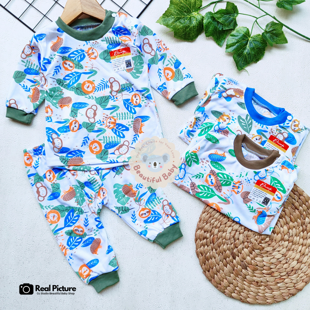 Setelan PIyama Baju Bayi Usia 3-18 Bulan Motif Monkey Monstera / Baju Tidur Bayi Lengan Panjang Celana Panjang Kaos Oblong Kancing Pundak / Baby.ou