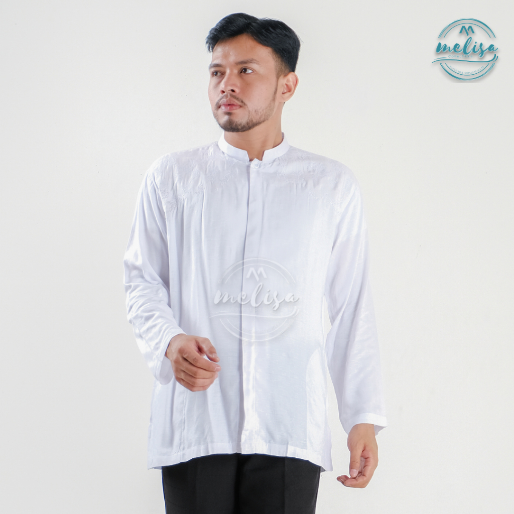 Baju Koko Pria Lengan Panjang Bahan Full Katun Warna Putih Size M L XL Baju Koko Bordir Senada Fashion Muslim Pria Terbaru