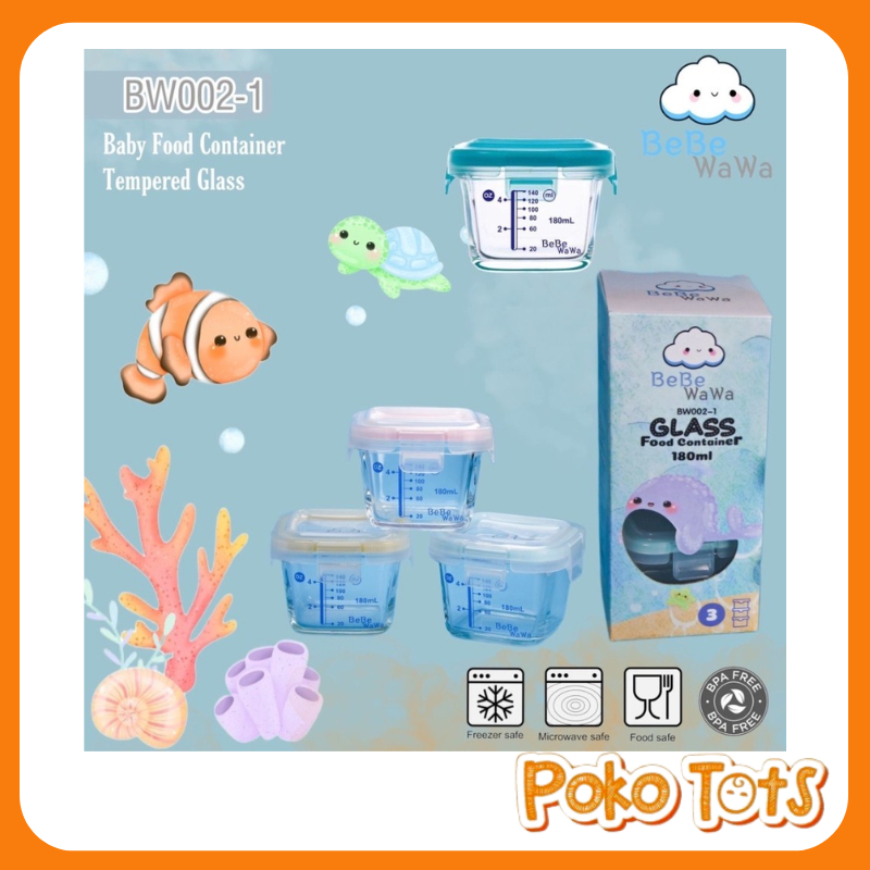 Bebe Wawa Glass Food Container 180ml Isi 3pcs BW002-1 Tempat Makanan Bayi Takaran Ukuran Garis Takar WHS