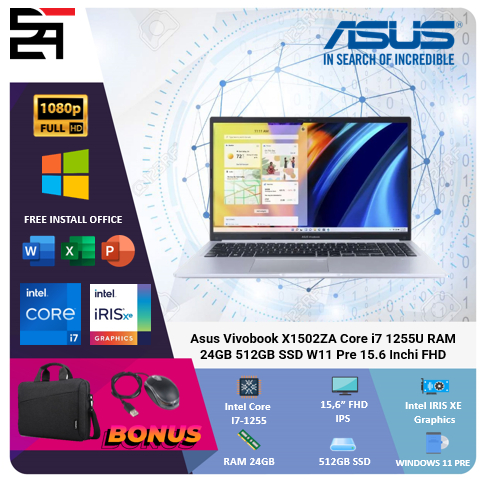 Asus Vivobook X1502ZA / A1502ZA Core i7 1255U RAM 24GB 512GB SSD W11 Pre 15.6 Inchi FHD