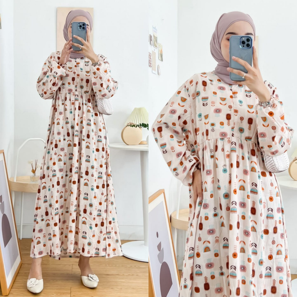 𝐊𝐈𝐑𝐀𝐍𝐈 Midi Dress Rayon Motif Ori Busui Friendly Jumbo Terbaru Kekinian Fashion Muslim Dress Murah Motif Terbaru