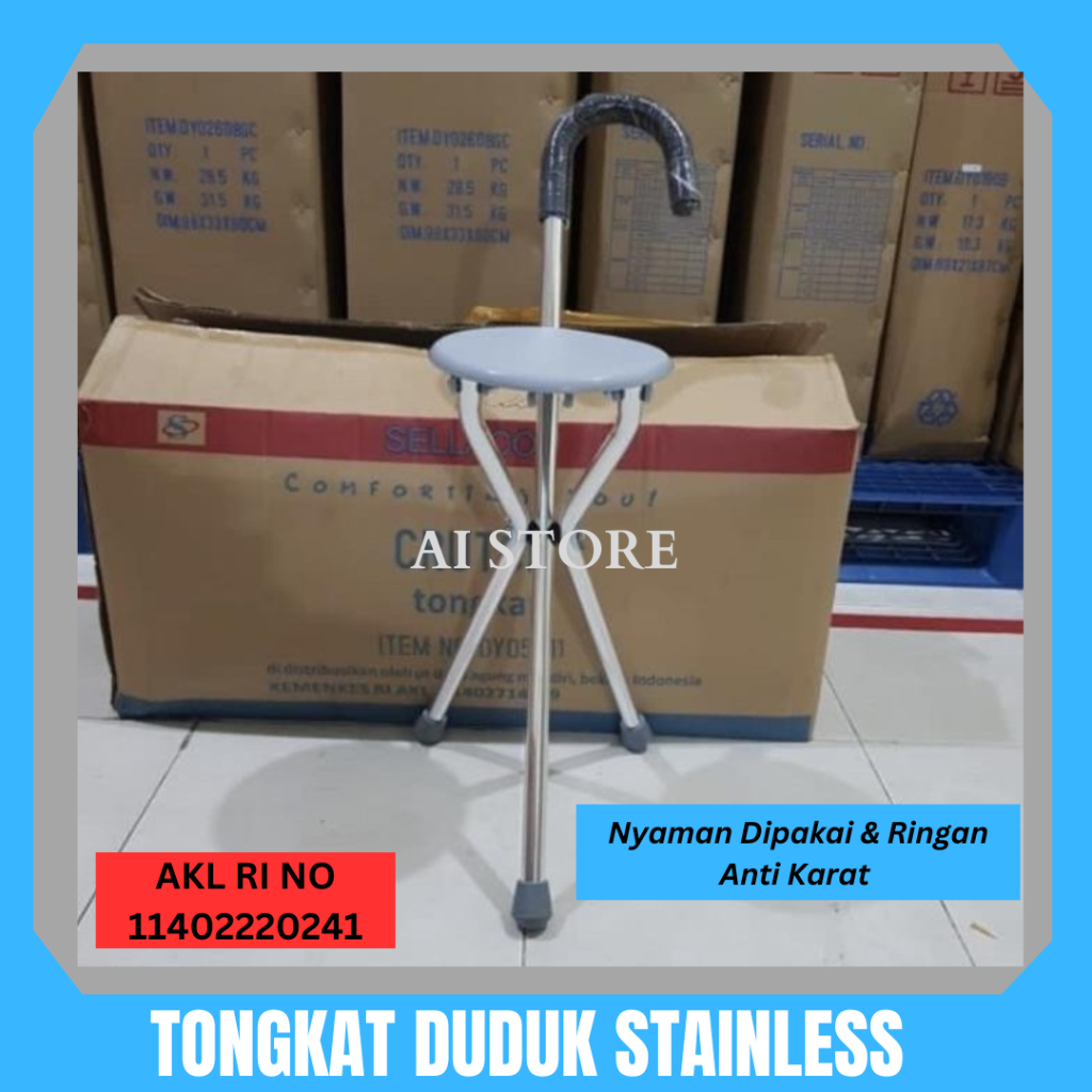 Tongkat Duduk Lipat (KEMENKES) / Tongkat Kursi Lipat / Kursi Bangku Sholat /Tongkat Jalan Orang Tua Lansia Stainless / Tongkat Lipat Lampu LED/Alat Bantu Jalan Orang Tua Trusty Cane