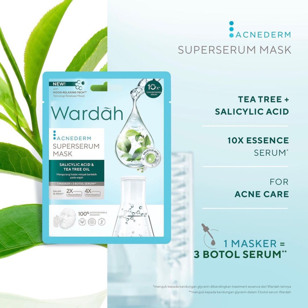 WARDAH Superserum Mask Lightening &amp; Acnederm Indonesia / Masker Wajah Paket 1 Set isi 2 Pcs x 20ml / Advanced Niacinamide &amp; Licorice Extract / Salicylic Acid &amp; Tea Tree Oil / Skincare Series / Bundle / Crystal Secrets C-Defence Perfect Bright Nature Daily