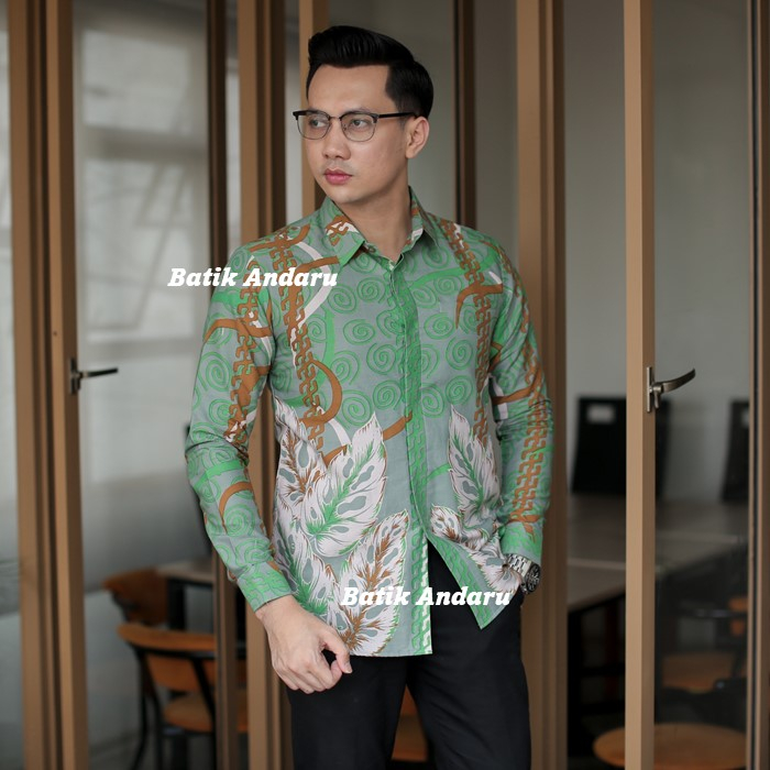 Baju  Kemeja Batik Pria Cowok Laki Slimfit Lengan Panjang Modern Heem Premium Warna Hijau Tosca