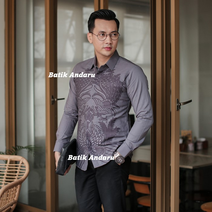 Baju Kemeja Batik Pria Slimfit Lengan Panjang Modern Heem Premium Bahan Katun Primsima Warna Abu Abu Hitam