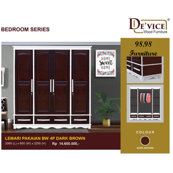 DEVICE Lemari Pakaian BW / Wardrobe Kayu 4 Pintu Model Minimalis / Lemari baju Free Antar & Rakit - 