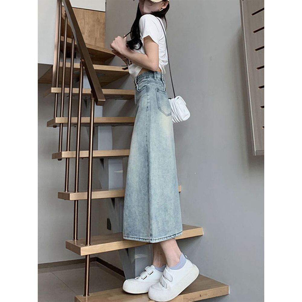 Rok denim Korea rok a-line wanita berpinggang tinggi sedang untuk menutupi rok pinggul selangkangan terbaru