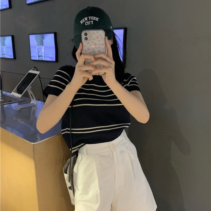 Korean Kaos Rajut Lengan Pendek Bergaris Untuk Wanita 2 Warna