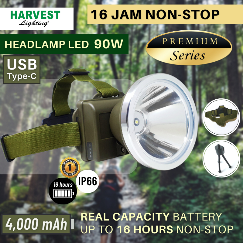 90W Headlamp HARVEST LIGHTING Senter Kepala LED PREMIUM IP66 4000Mah Lampu Emergency Travel Tambang Hunting Berburu Rechargeable Original Bergaransi