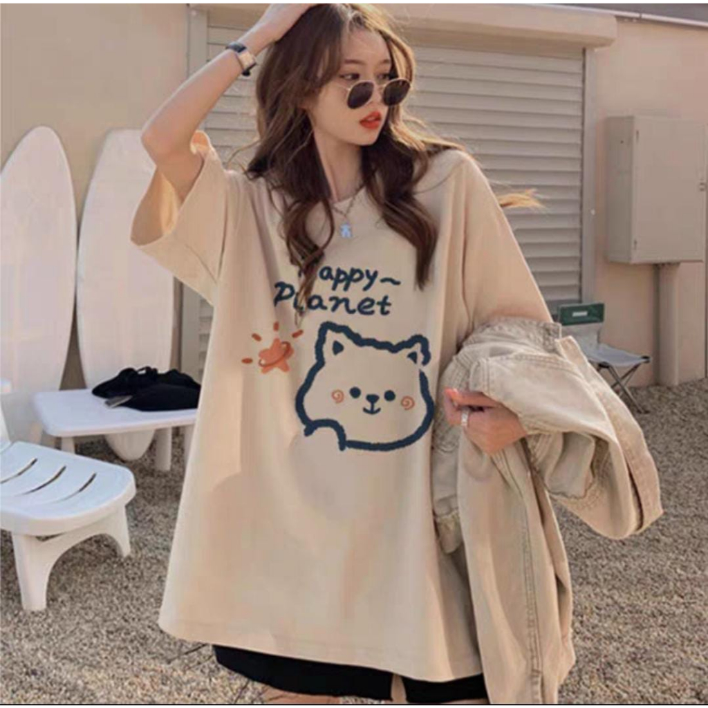 T-SHIRT HAPPY PLANET CAT STAR KAOS WANITA OVERSIZE V1