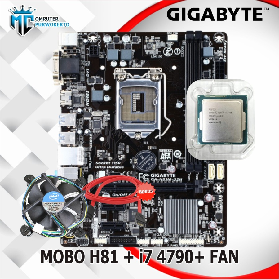 Mobo Mainboard H81 LGA 1150 Gigabyte + Core i7 4790 + Fan