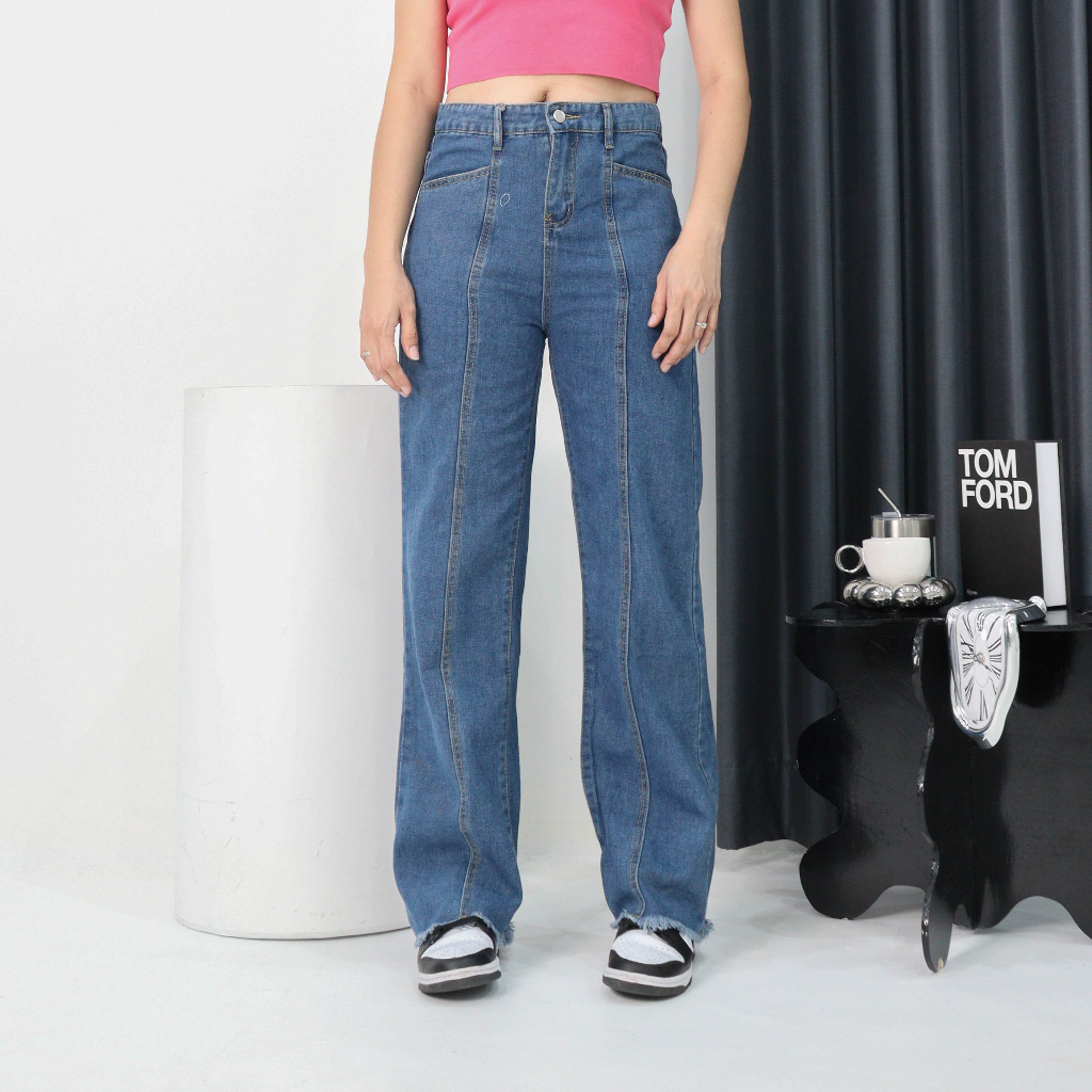 DEMORIN - Celana Jeans Wanita Rawis Unfinished Baggy Kekinian X61-1