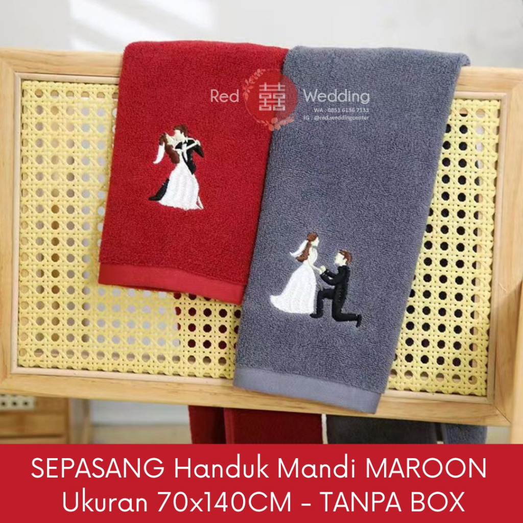 SEPASANG Handuk Couple 2WARNA tema Wedding Dengan Bordir Groom and Bride GREY RED (TANPA BOX)