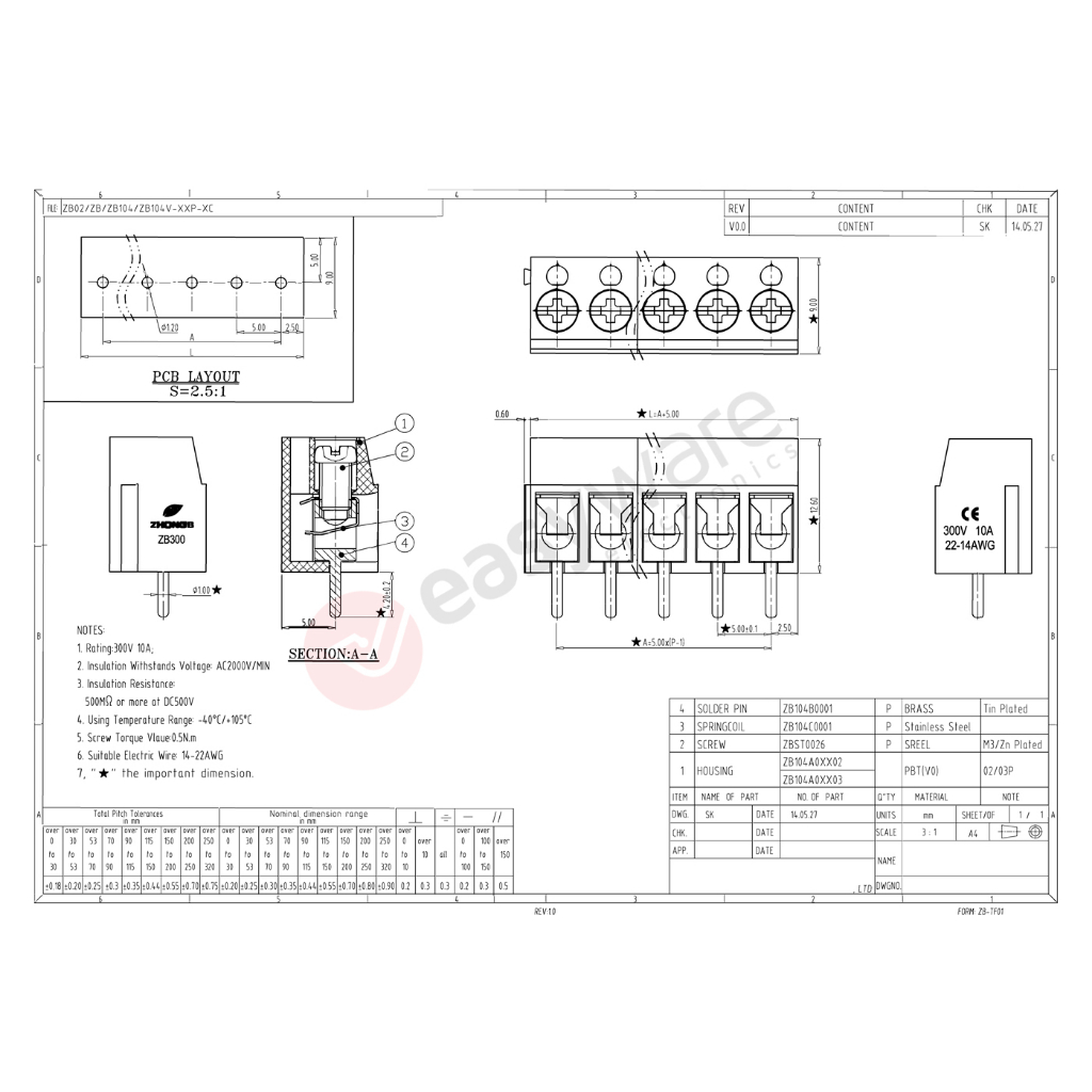 KF300 5.00mm Terminal Block 2P 2 Pin Screw Terminal Blok KF300 300V 10A