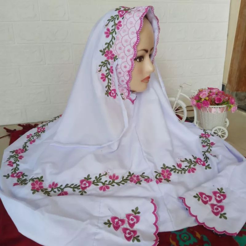 mukena lajur putih polino || mukena terusan motif simple