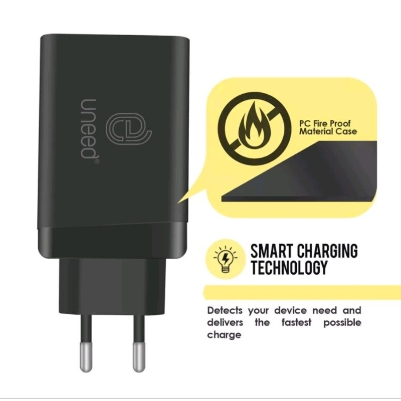 Uneed Quickplug Wall Charger 3 Port Smart Charger With PD - UCH402