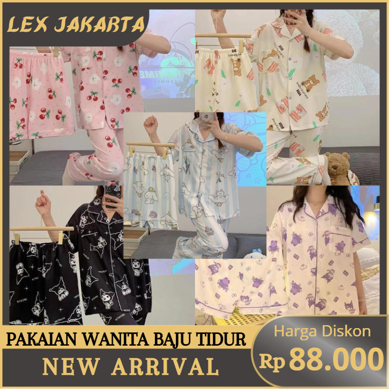 LEXJAKARTA B20 - PAKAIAN WANITA BAJU TIDUR 3 IN 1 WANITA PIYAMA SET LENGAN PENDEK CELANA PANJANG DAN PENDEK MOTIF KARTUN LUCU SETELAN TIDUR PAKAIAN RUMAH WANITA