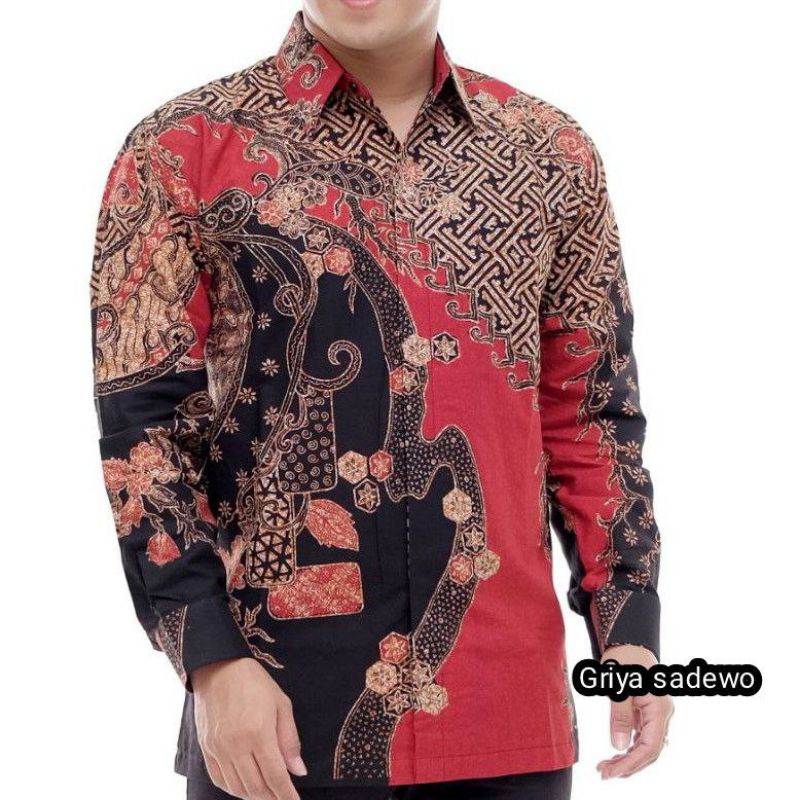 Kemeja Baju Batik Pria Dewasa Lengan Panjang Tulis Kombinasi Motif Floral Merah