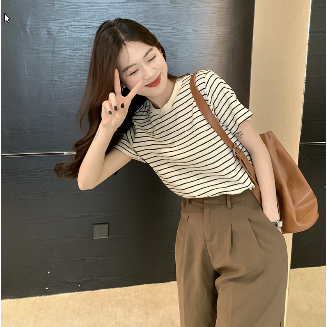 GirlWish Fashion Korean T-Shirt Double Lines Round Neck Basic Top