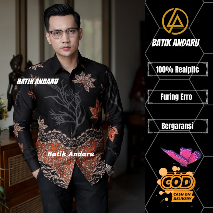 Baju Kemeja Batik Pria Slimfit Lengan Panjang Modern Heem Elegant Premium Warna Hitam Orange