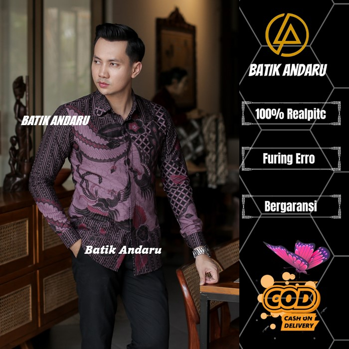 Batik Pria Slim Fit Lengan Panjang Premium Modern Heem Elegant Warna Lilac Ungu