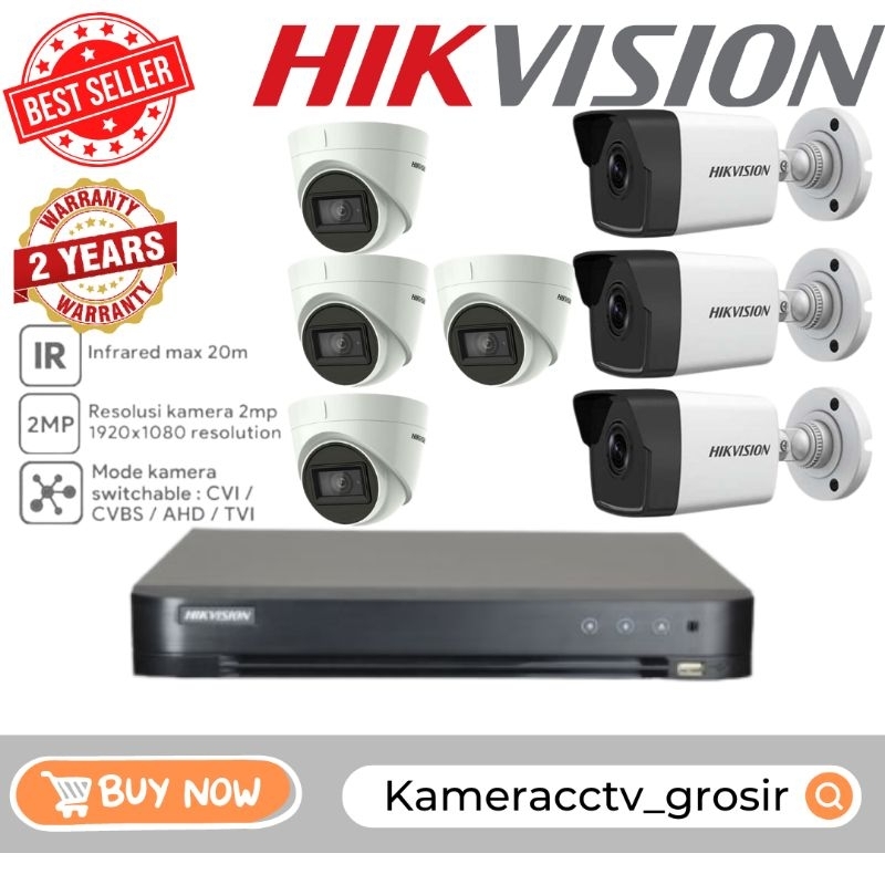 PAKET CCTV HIKVISION 2MP 1080P FULL HD 8 CHANNEL 7 CAMERA