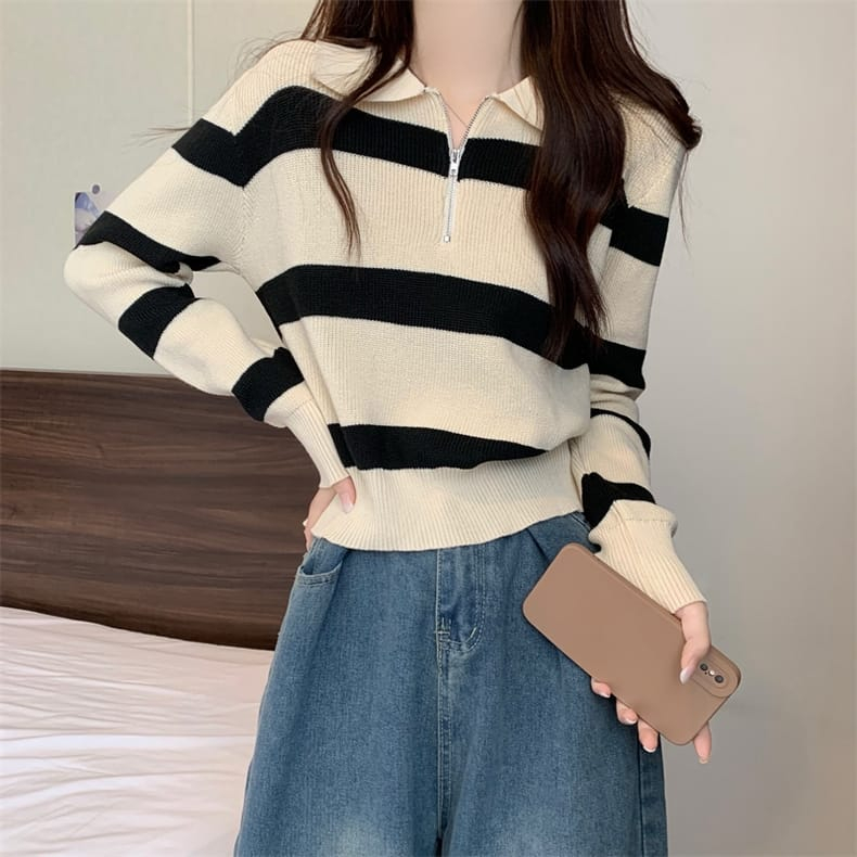 BEARYJEANS Sweater Strip Atasan Lengan Panjang Rajut Wanita Crop Top Kerah Zipper Premium Import Korean Style - BJ089